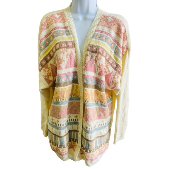 Norton McNaughton Aztec Cardigan L 90s Cream Knit Grandpa Sweater VTG button - Picture 1 of 4